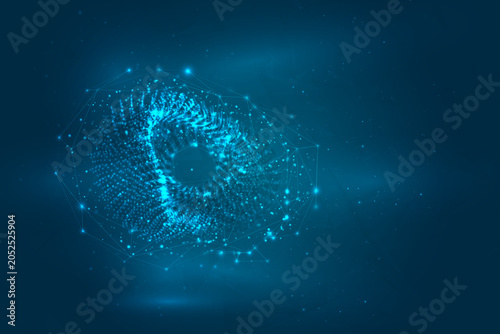 Abstract 3D shape of glowing dots on a blue background