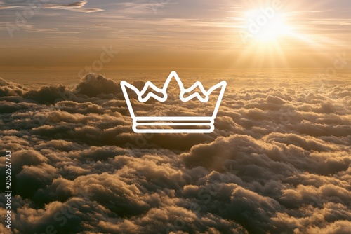 A stunning view of a radiant heavenly atmosphere above soft clouds, illuminated by the warm glow of the sun