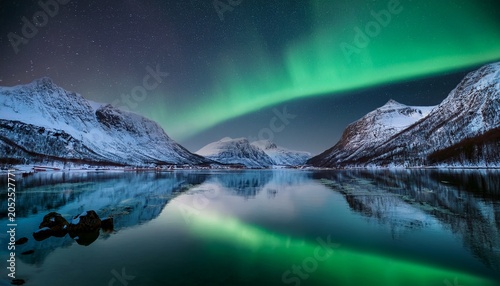 Aurora Borealis On The Norway Green Northern Lights Above Mountains Night Sky With Polar Lights Night Winter Landscape With Aurora And Reflection On The Water Surface Natural Back