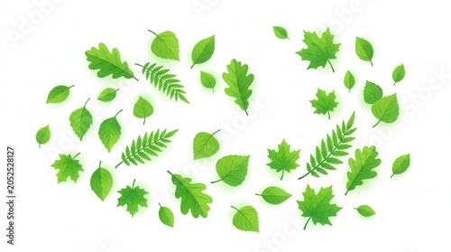 Vibrant green leaves in various sizes Fresh citrus on white background