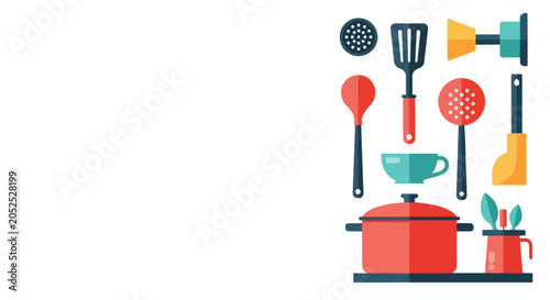 Schilderij op canvas A collection of modern, flat-style kitchen utensils and cookware icons arranged neatly on the right side of a blank white background