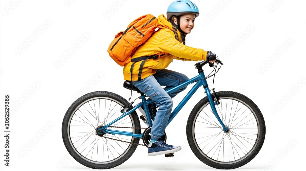 Fototapeta premium Happy school-aged child with backpack riding a bicycle on a white background