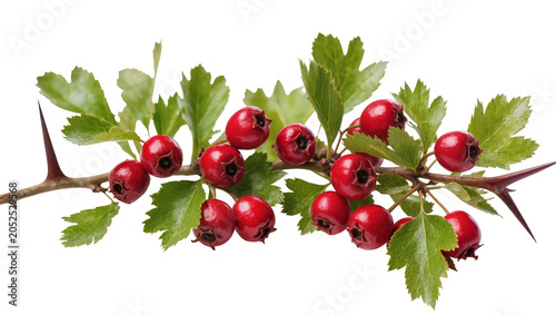 Schilderij op canvas Hawthorn berries on thorny branch with green leaves