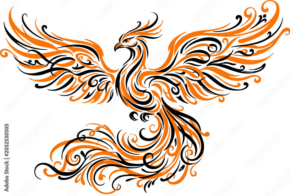Fototapeta premium Tribal phoenix bird vector illustration, mythical fire bird with orange and black swirl patterns, elegant phoenix mascot for tattoo or logo design