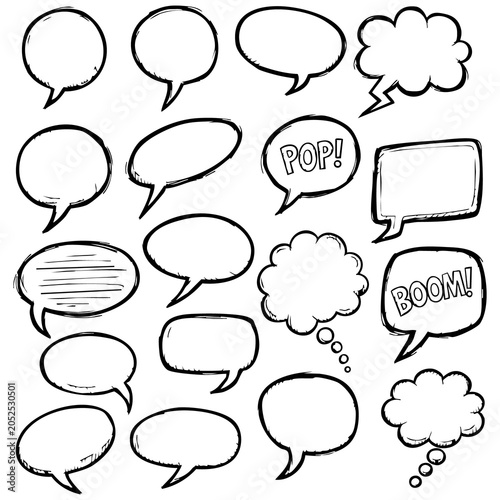 Hand drawn comic speech bubbles and sound effect balloons with dialogue illustration communication scribble collection comicstrip