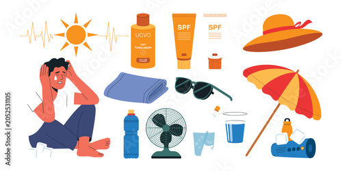 Fotografi Summer heatwave survival icon set featuring sunscreen, fan, drinking water, and