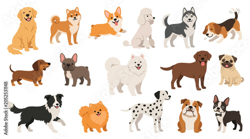 Foto A diverse collection of popular dog breeds depicted in a flat, illustrative style, showcasing their unique characteristics and friendly appearances