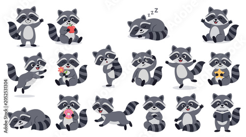 Foto Collection of cute cartoon raccoons in various poses and activities, isolated on white background