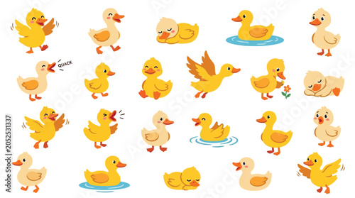 Canvas Print Collection of cute yellow ducklings in various poses and activities, perfect for children's illustrations and designs