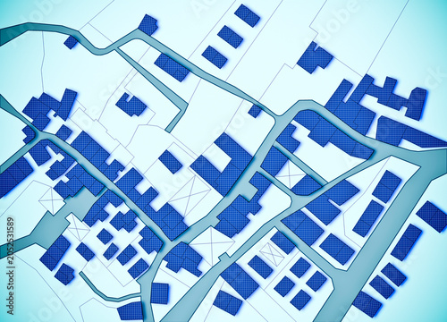 Imaginary cadastral map with buildings, land parcel and vacant plot - Land records and property registry with cadastre documentation and ownership parcel identification