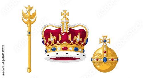 Εκτύπωση καμβά Royal Regalia: Crown, Scepter, and Orb with Jewels on White Background