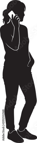 Woman talking on smartphone standing side view silhouette vector