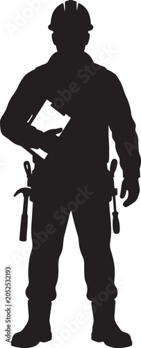 Construction worker holding clipboard front view silhouette vector