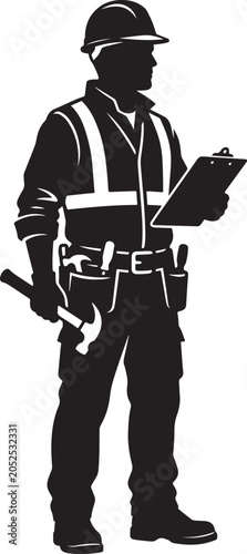Construction worker holding clipboard and hammer silhouette vector