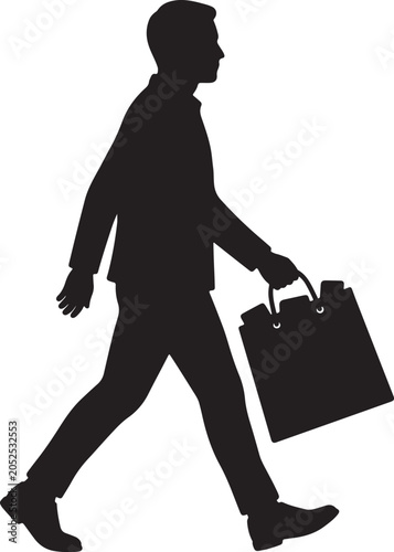 Businessman walking with shopping bag side view silhouette vector