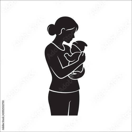 Mother holding newborn baby in arms silhouette vector illustration