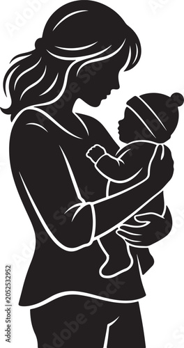 Mother holding newborn baby in arms silhouette vector illustration