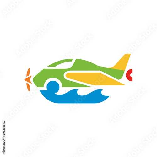 Colorful Airplane Car Hybrid Floating on Water Logo Design.