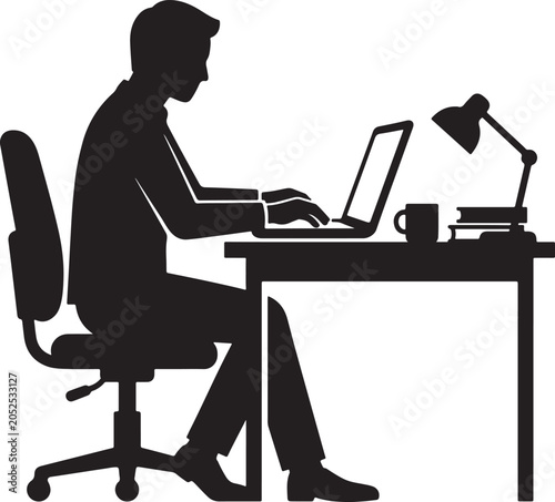 Man working on laptop at desk with lamp and books silhouette vector