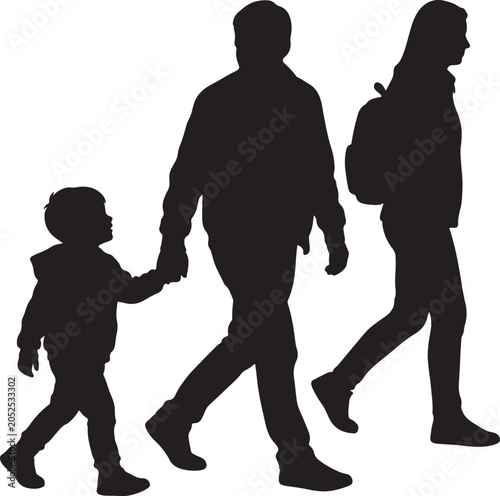 Family walking together silhouette vector with parents and child