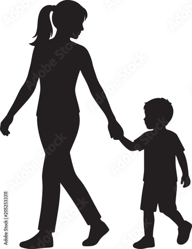 Mother holding hand of child walking together silhouette vector