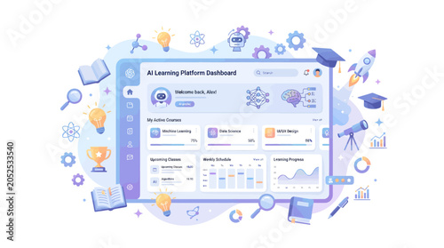 Modern online education dashboard vector illustration for an artificial intelligence learning platform featuring course analytics and academic icons