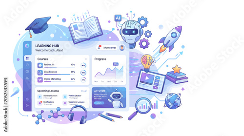Modern Online Education Dashboard Illustration Featuring AI Learning Hub Interface with Educational Icons and Progress Tracking Graphics