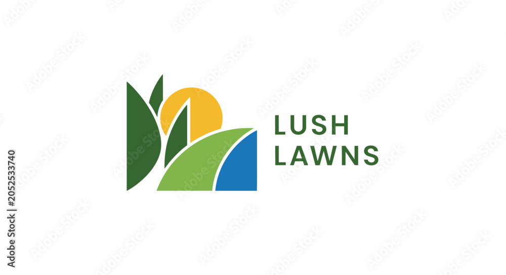 Obraz premium Lush green lawns logo with sun.