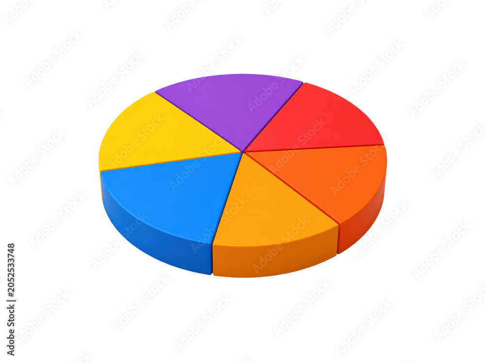 Fototapeta premium Colorful 3D pie chart with six segments isolated on transparent background business graphic.