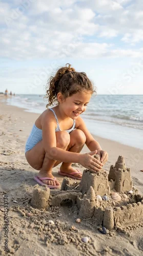 Fototapeta samoprzylepna Little girl building sandcastle on beach