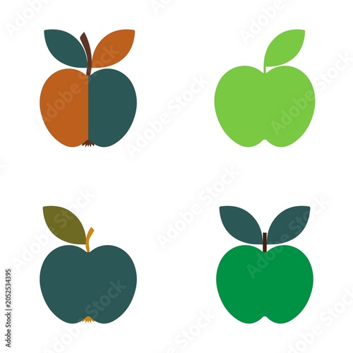 Graphic bundle with four minimalist flat apple icons with various color palettes and leaf designs. Ideal for organic branding