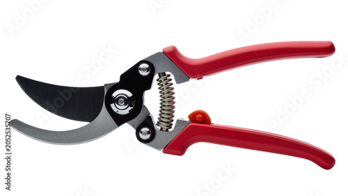 Foto Red handled bypass pruners with metal blades and spring