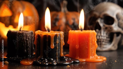 Halloween candles melting with smoke flames pumpkins and human skull background