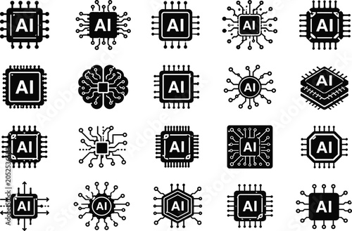 Foto Artificial Intelligence Microchip Icon Collection Black Silhouette Vector Set wi