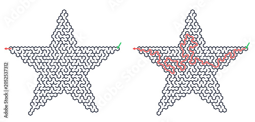 Winter holiday maze activity for children featuring two star-shaped puzzles with a solved path representing success and logical problem solving for kids' education