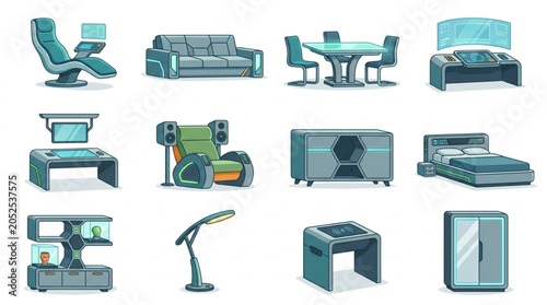 Collection of futuristic furniture and home decor items.