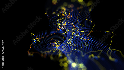 Abstract animation background from  spiral blue grid of force field with chaotic noisy line connecting dots defocus. Concept technology, science and medical visualisation.