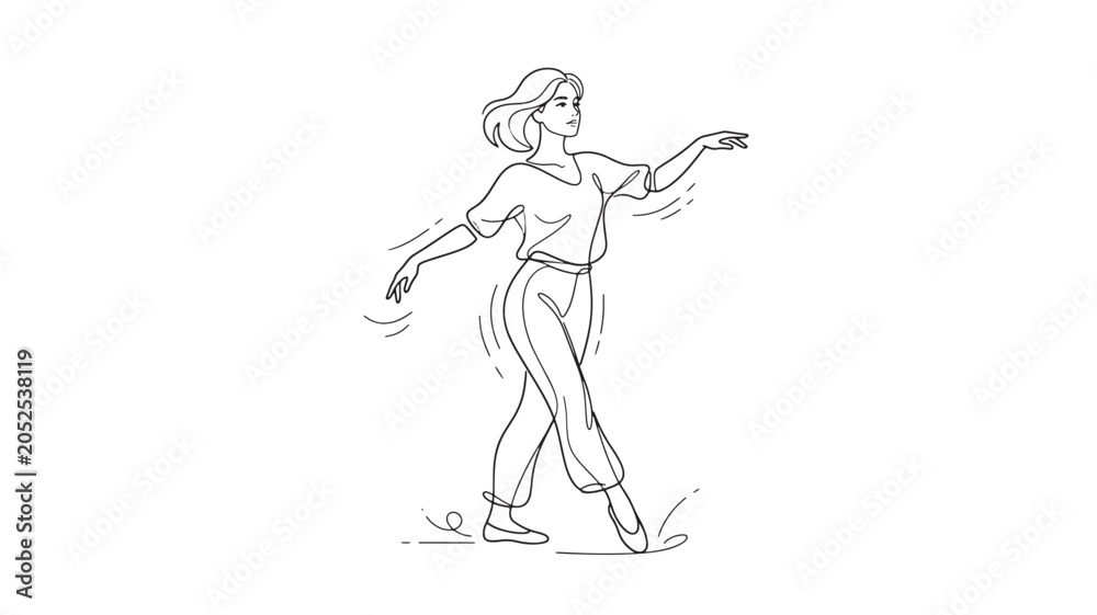 Fototapeta premium Woman Dancing in Flowing Dress Line Art, Sketch Style Illustration with Dynamic Pose and Minimalist Background
