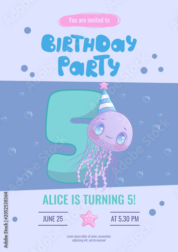 Design a children's birthday invitation with a cartoon smiling jellyfish in a party hat. 5th anniversary party, birthday, celebration, congratulations, invitation concept. Vector illustration.