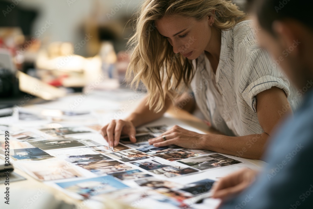 Fototapeta premium Creative team arranging printed moodboard for branding in office