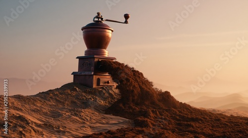 Gigantic antique coffee grinder on arid landscape at sunset