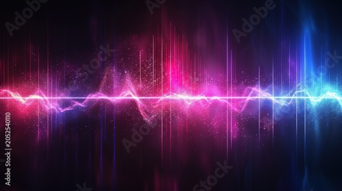Bright pink and blue audio waveform with vertical spectrum bars, glowing particles and electric pulse line, futuristic sound background for music, VJ and event visuals.