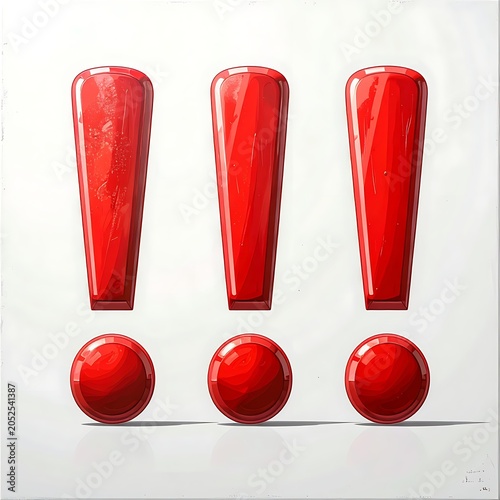 A minimalist composition of three red exclamation marks