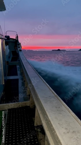 Boat Wake at Sunset with Pink and Purple Sky, Vertical Ocean Travel Background 04