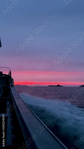 Boat Wake at Sunset with Pink and Purple Sky, Vertical Ocean Travel Background 03