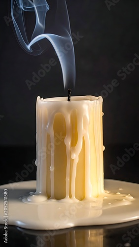 A nearly burnt candle on a white plate with melting wax
