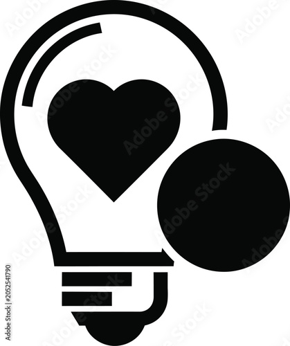 A stylized black heart symbol inside a light bulb with a circle graphic element representing a bright idea or innovation