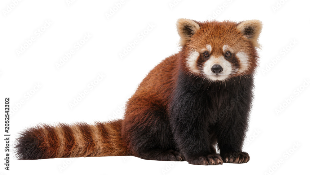 Fototapeta premium Red panda with bushy striped tail sitting