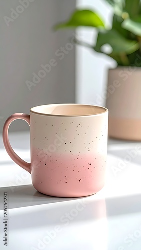 A pink and white speckled ceramic mug on a white surface