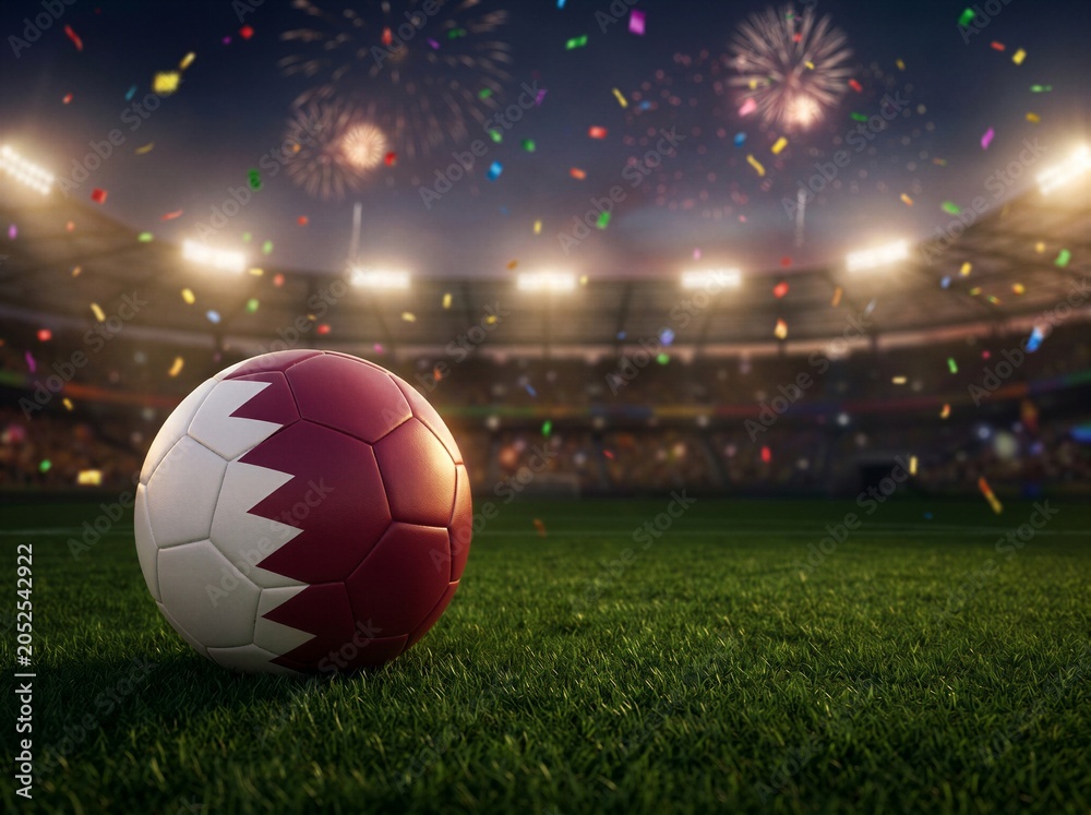 Fototapeta premium Qatar flag soccer ball on stadium field with fireworks and confetti